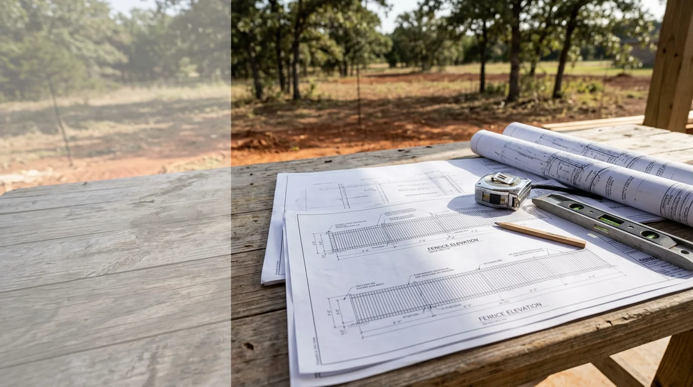 Custom fence design plan laid out for a residential property in Midlothian, TX, showing layout markings along a backyard boundary with a wood privacy fence in the background.