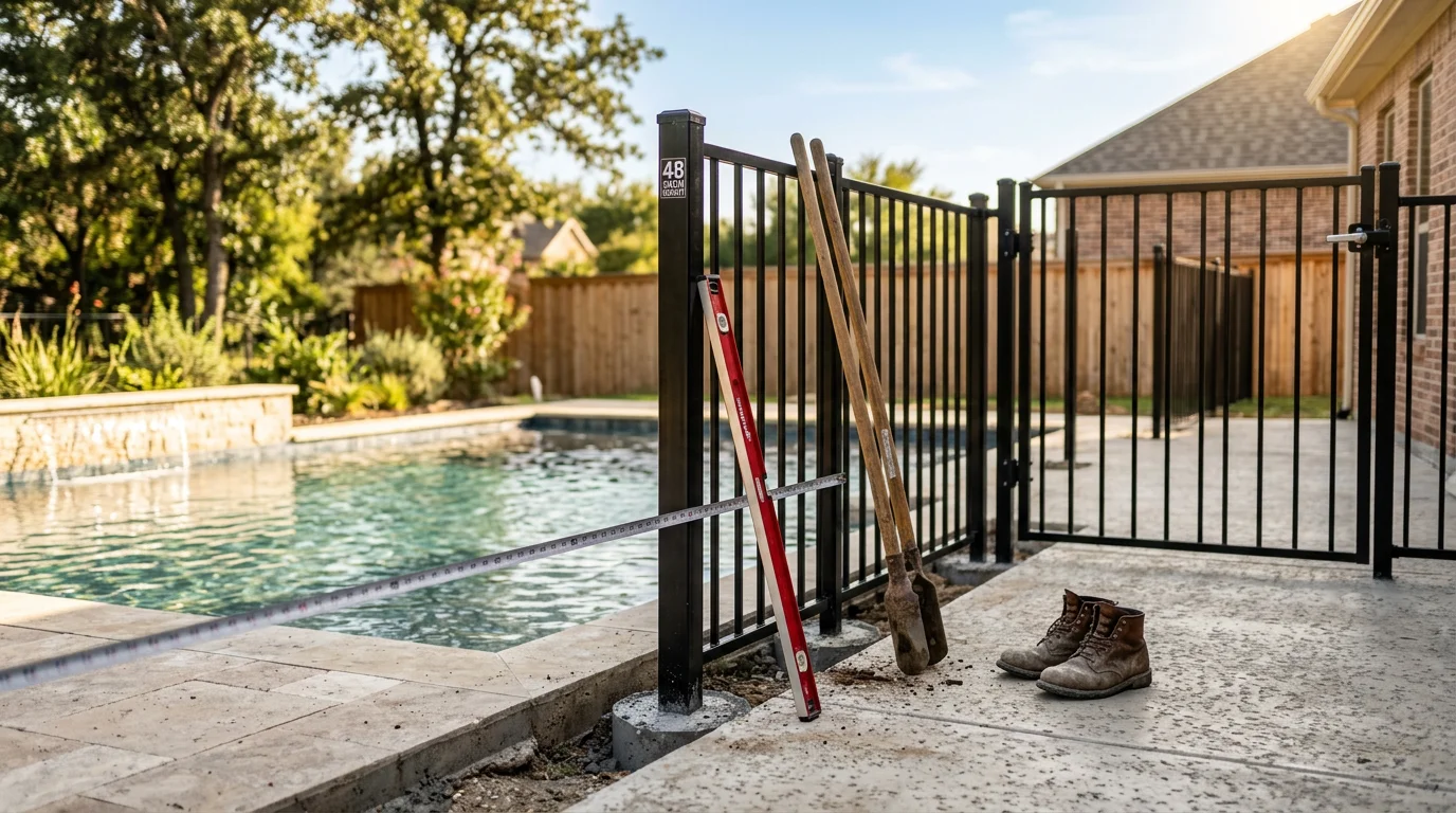 A completed pool fence installation surrounding a residential backyard swimming pool in Midlothian, TX, with a self-latching gate and evenly spaced posts set in a flat North Texas yard.