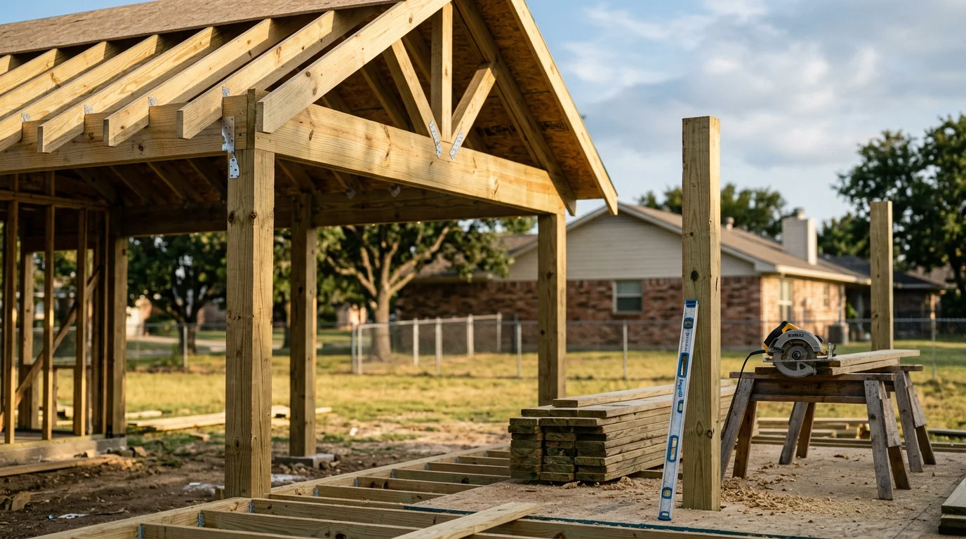 A newly built covered wood porch attached to a residential home in Midlothian, TX, with clean framing and a finished floor. The structure extends across the front of the home, providing shade and defined outdoor living space.