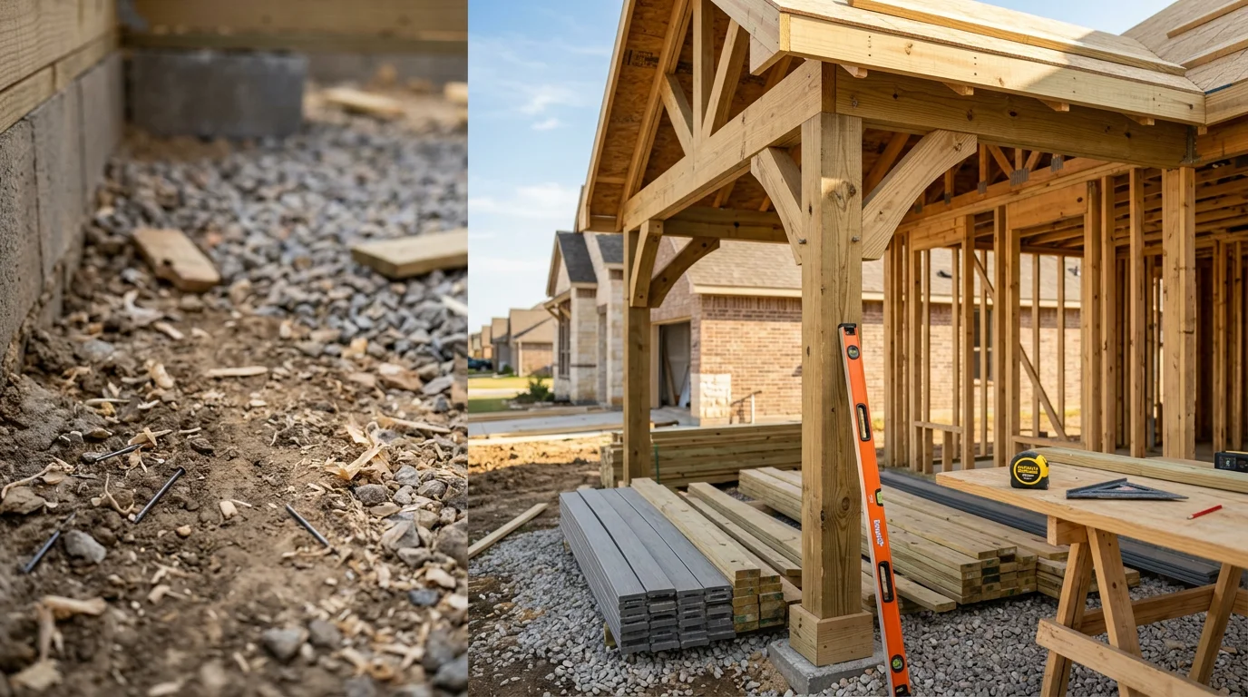 A newly built covered front porch on a single-family home in Midlothian, TX, featuring clean structural framing and a design that complements the home's exterior. The covered structure provides shade suited to the area's hot summers and open layout typical of Ellis County residential properties.