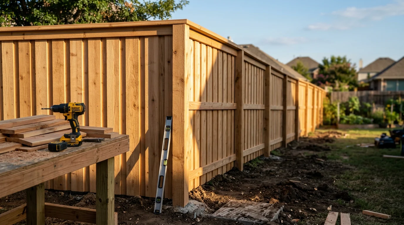 A tall solid-board privacy fence installed along the rear property line of a single-family home in a Midlothian, TX subdivision. The fence runs the full width of the backyard, providing complete seclusion from neighboring properties.