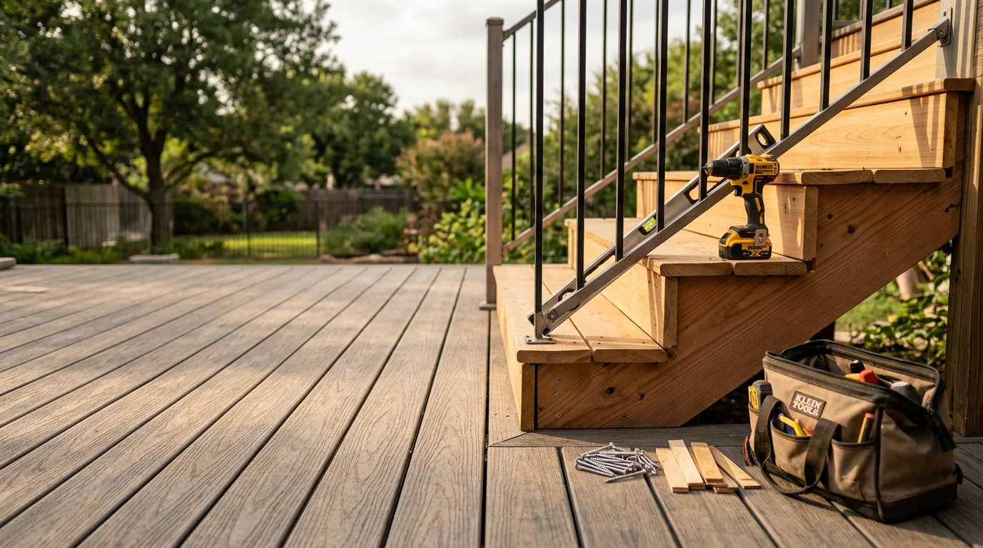 Repaired deck railing and stair system on a residential backyard deck in Midlothian, TX, showing secure posts, straight balusters, and solid stair treads. Close view of the railing-to-post connection with new fastener hardware installed by P&S Fencing and Decking.