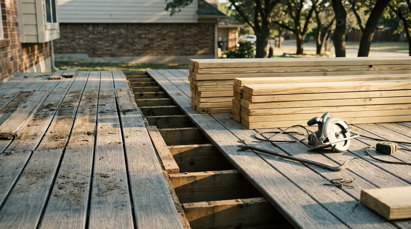 A renovated backyard deck in Midlothian, TX showing new surface boards, updated railings, and a redesigned layout on an existing structure. The finished deck is attached to a residential home with a clean, even surface ready for outdoor use.