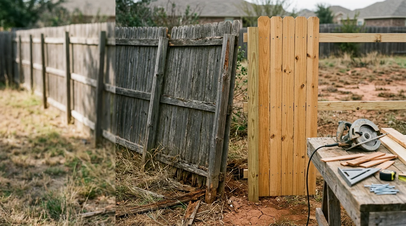 A repaired wood privacy fence with freshly replaced boards and reset posts in a residential backyard in Midlothian, TX. The repaired section blends with the existing fence line along a grassy yard typical of North Texas homes.