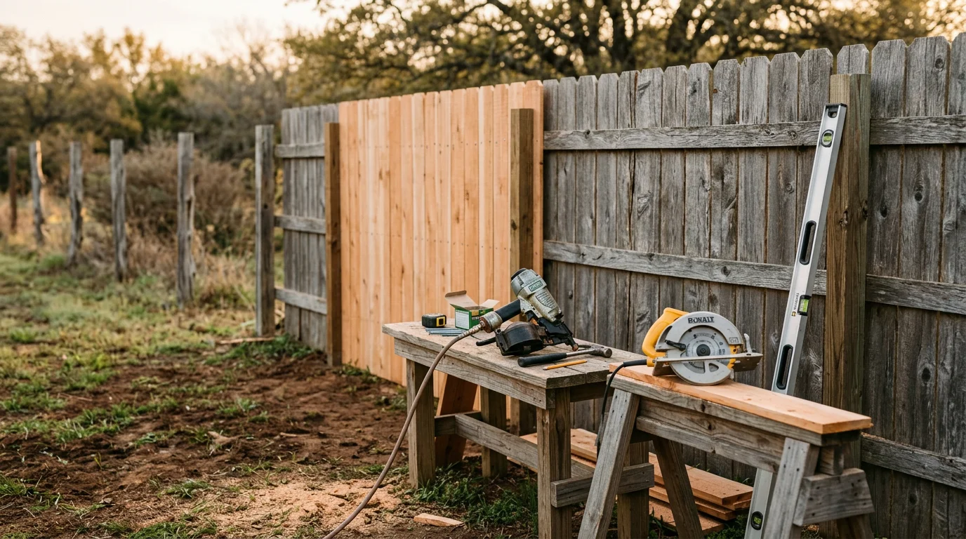 A repaired wood fence with a straightened post and replaced boards in a residential backyard in Midlothian, TX. The fence line is level and the gate is properly aligned.