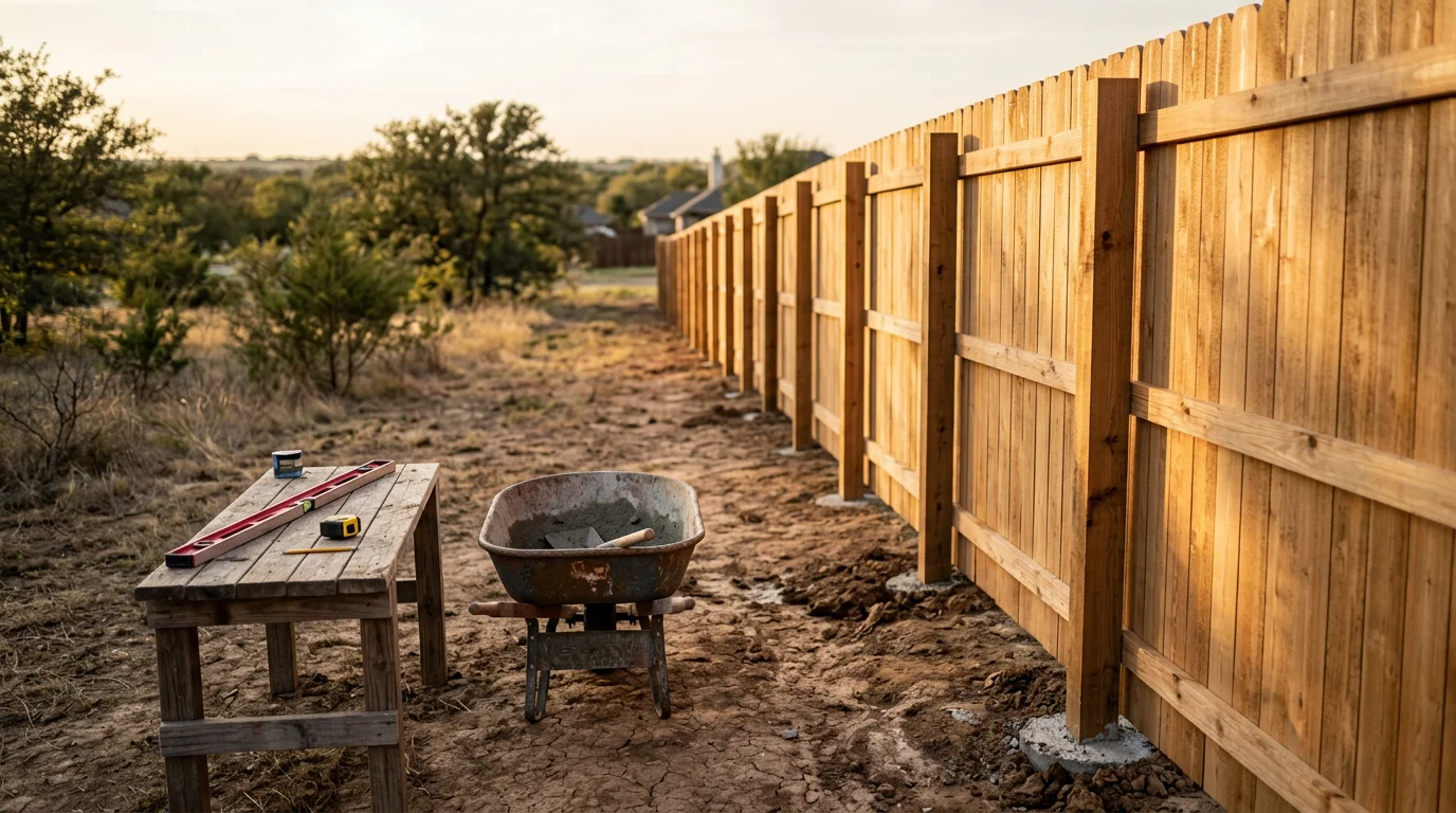 A newly installed wood privacy fence along the backyard property line of a residential home in Midlothian, TX. Posts are set in concrete with uniform panel spacing and a clean top rail finish.
