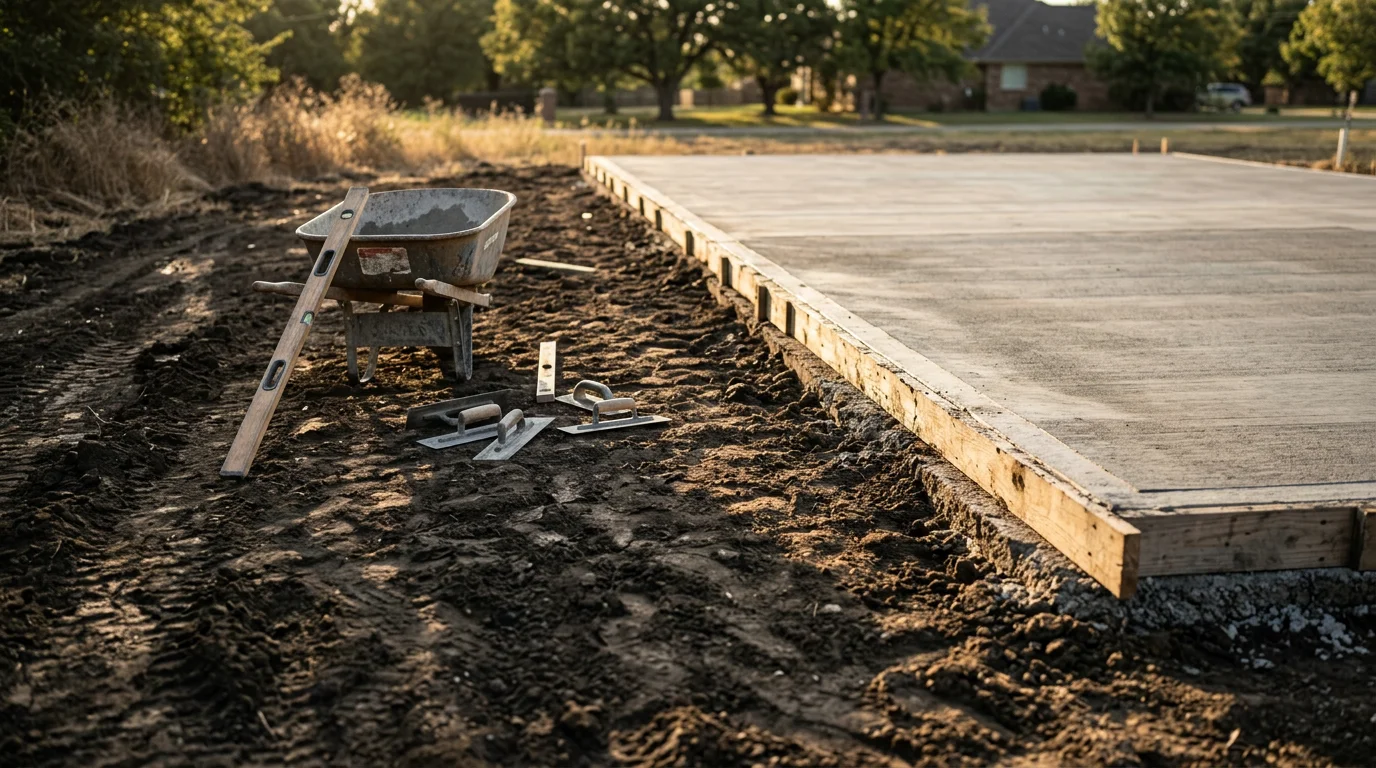 Freshly poured residential concrete driveway with a smooth broom finish in front of a single-family home in Midlothian, TX. The slab extends from the garage to the street with clean, straight edges and visible control joints.