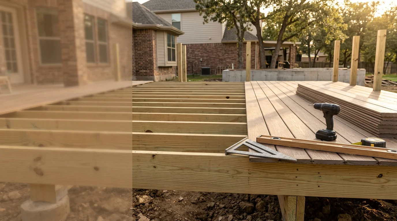 A newly constructed residential wood deck attached to the back of a single-family home in Midlothian, TX, with board framing and railings visible against a clear North Texas sky. The deck extends over a backyard with clay-heavy soil typical of Ellis County.