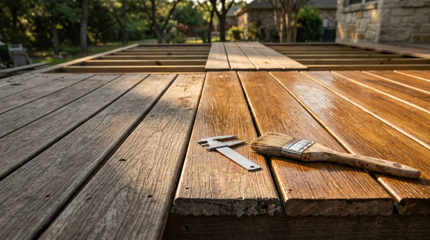 A residential wood deck in Midlothian, TX after professional maintenance, showing clean boards, tight railings, and a fresh protective stain coat. The backyard setting reflects a typical North Texas home with open sky and a grassy yard visible behind the structure.