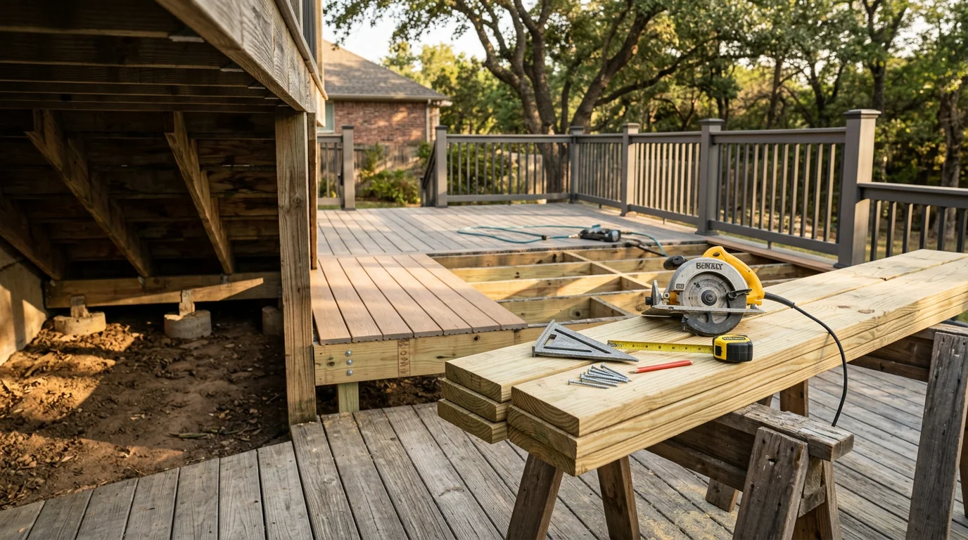 A refreshed residential deck with new boards and upgraded railings on a Midlothian, TX home. The backyard setting reflects the open lot style common across Ellis County.