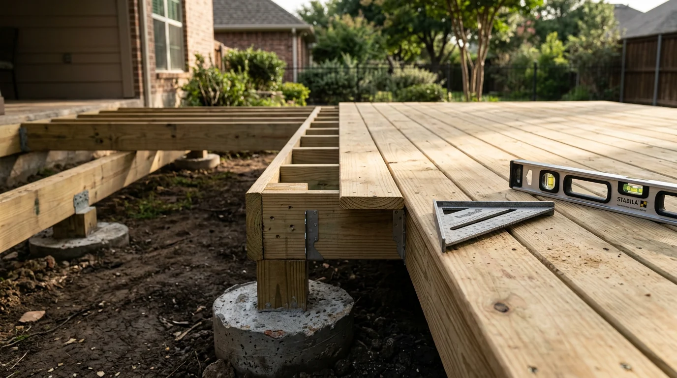 A newly built custom residential deck attached to a brick home in Midlothian, TX, featuring wood decking boards, sturdy railings, and a backyard view typical of North Texas neighborhoods. The deck shows clean framing, evenly spaced boards, and a ground-level layout suited to the flat terrain common across Ellis County.