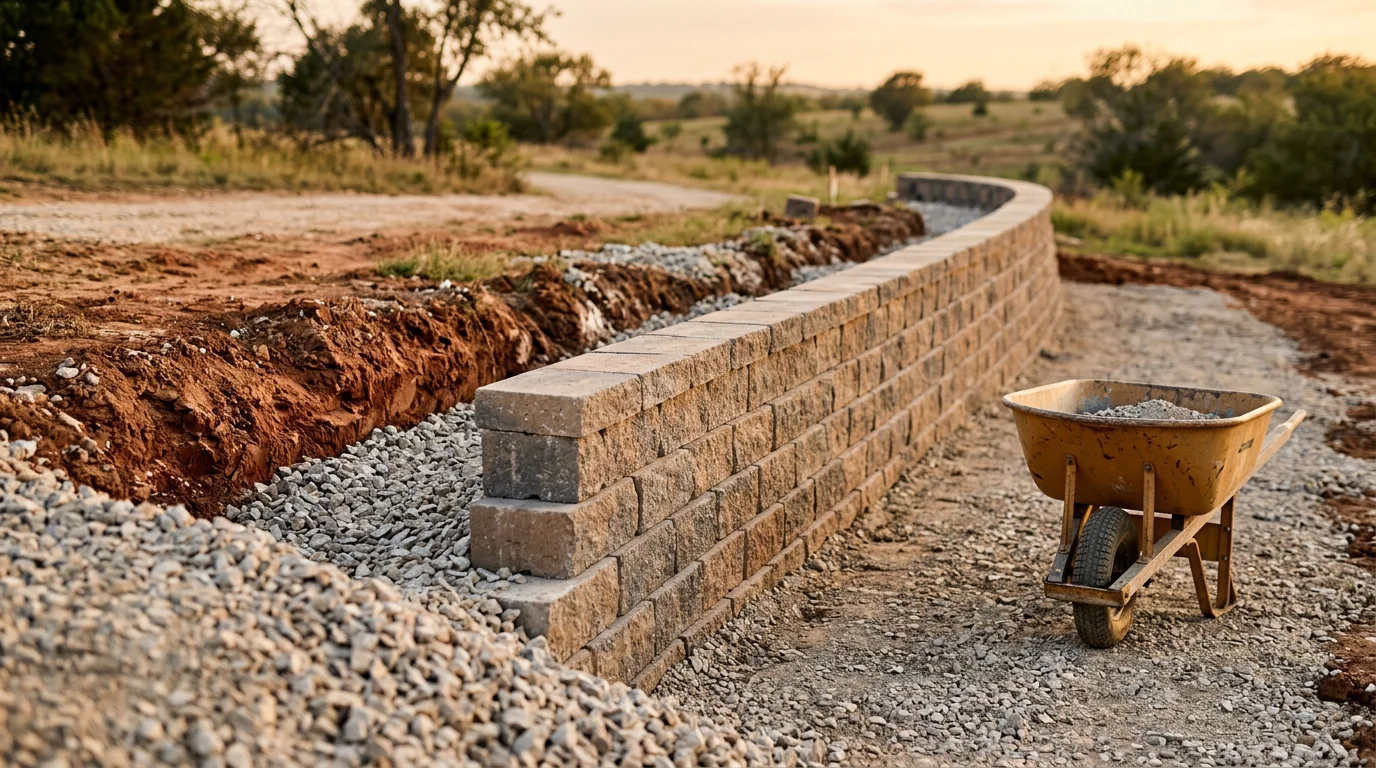 A newly constructed retaining wall on a residential property in Midlothian, TX, holding back a graded slope with clean block courses and level ground behind it. The wall runs along the backyard boundary of a single-family home on clay-heavy North Texas terrain.