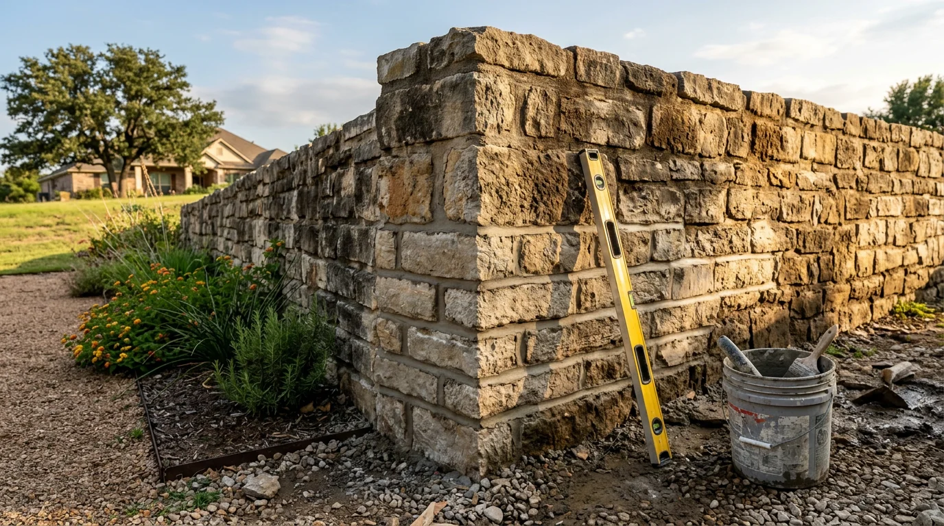 A repaired residential retaining wall with straight, stable courses and no visible cracking, set against a sloped backyard in Midlothian, TX. The wall holds back a landscaped soil grade with no signs of leaning, bulging, or joint separation.