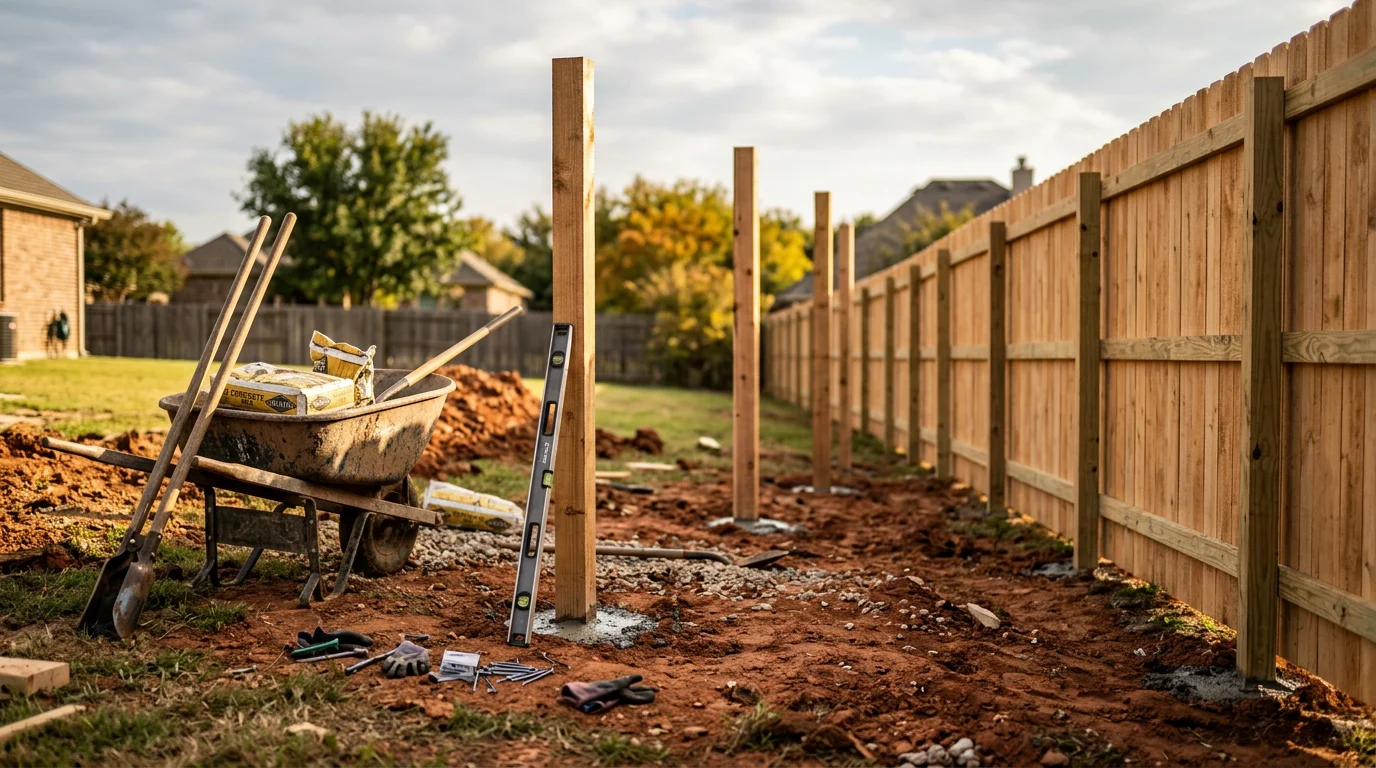 A newly installed wood privacy fence along the backyard of a residential property in Midlothian, Texas, with posts set in concrete and panels aligned evenly across a flat lot. The fence separates the yard from a neighboring property under a clear North Texas sky.