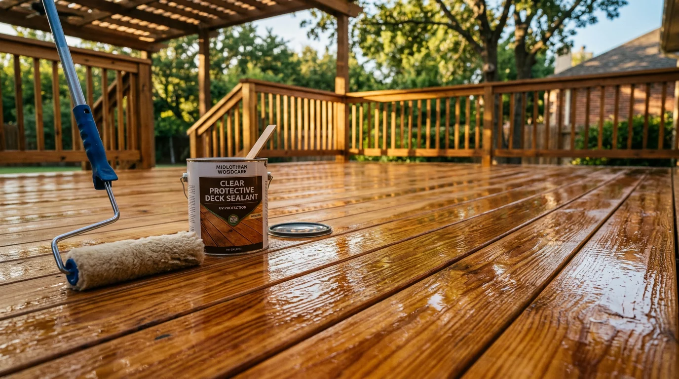 A freshly sealed wood deck on a residential home in Midlothian, TX, showing a smooth, even surface with water beading on the boards. The deck is set against a clear Texas sky with a backyard visible in the background.
