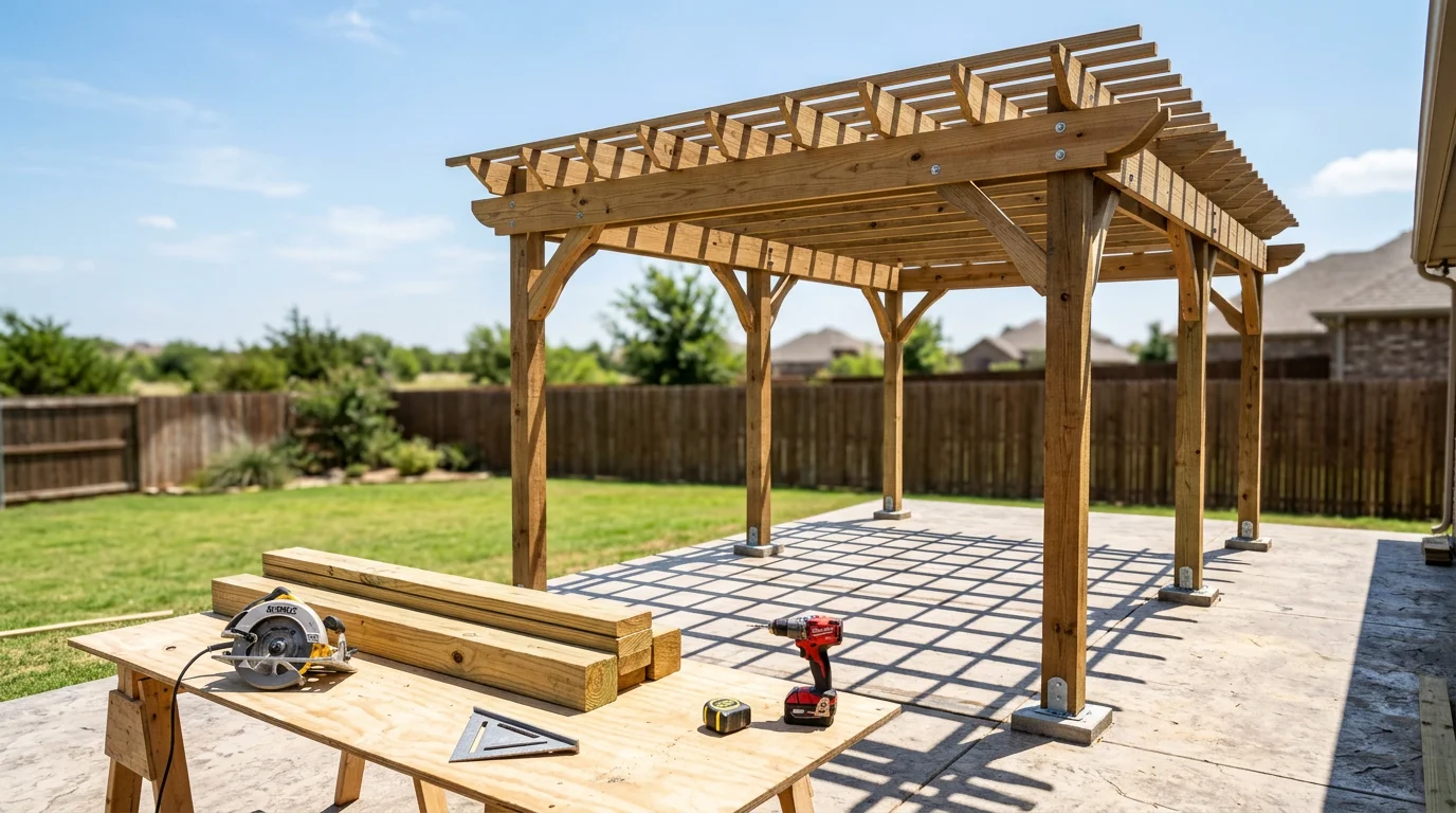 A custom wood pergola shade structure built over a backyard patio in Midlothian, TX, providing overhead coverage from the Texas sun. The structure is attached to the rear of a single-story home with open beam construction and clean post framing.