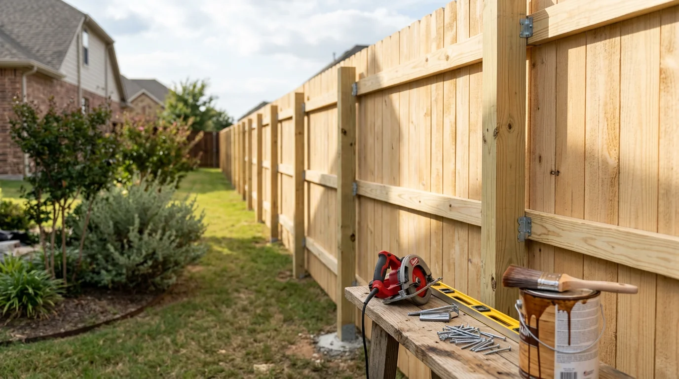 A freshly installed spruce wood privacy fence running along the backyard of a residential property in Midlothian, TX. The pale, smooth boards are evenly spaced and set on straight posts with a clean finish ready for staining.