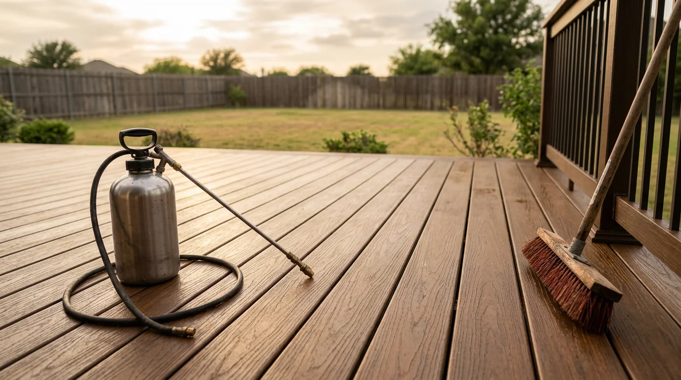 A freshly stained wood deck on a residential home in Midlothian, TX, showing even color and visible wood grain after professional stain application by P&S Fencing and Decking.