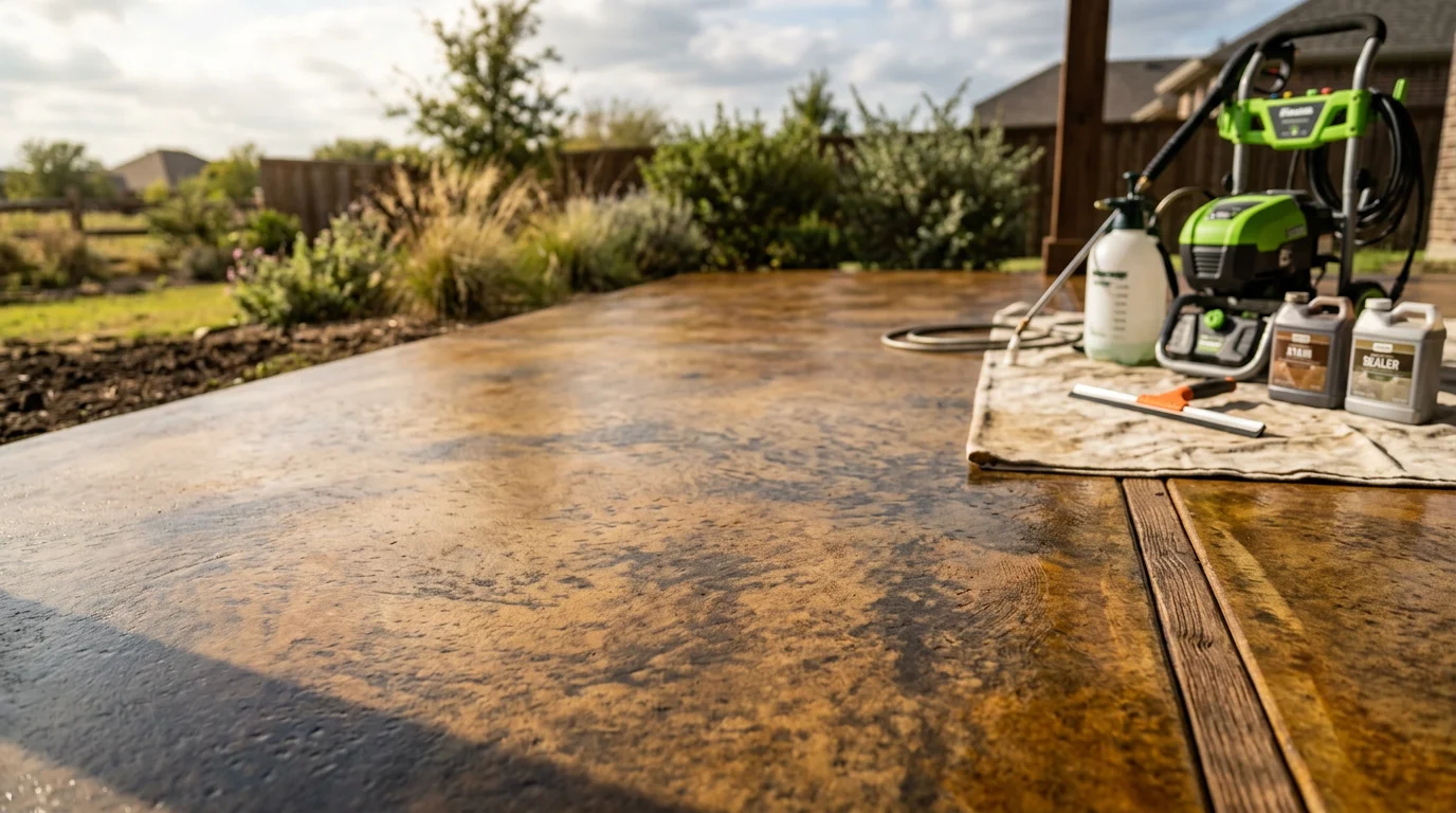 Stained concrete patio with a rich earth-tone finish outside a residential home in Midlothian, TX. The sealed surface shows even color coverage with clean edges along the lawn border.