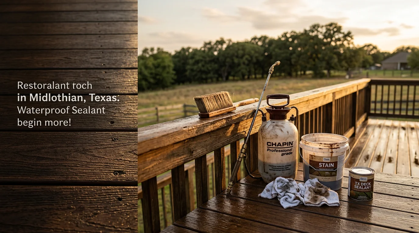 A restored wood deck in Midlothian, TX showing freshly applied stain and waterproof sealant with even color coverage across all boards. The deck surface is clean and smooth with no visible graying, peeling, or cracking.