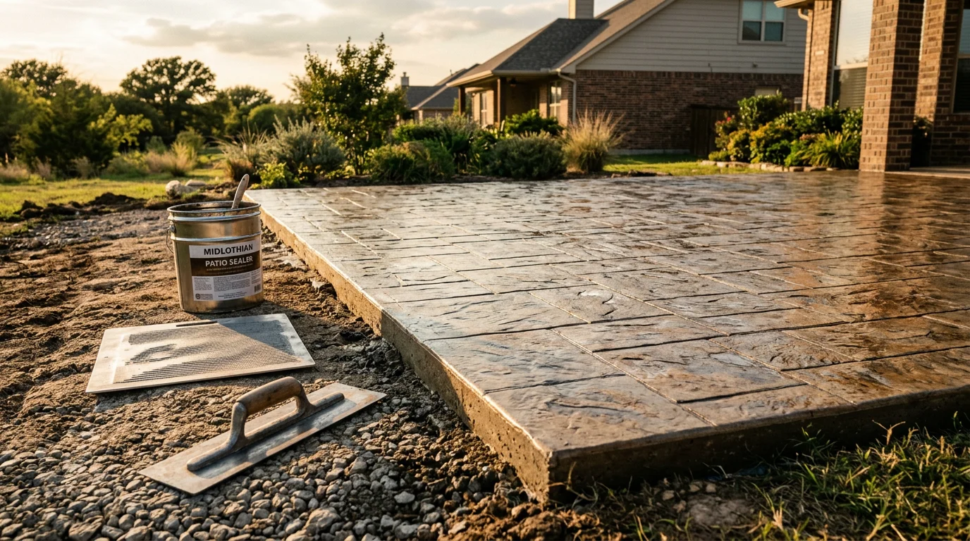 A freshly sealed stamped concrete patio with a flagstone pattern installed behind a residential home in Midlothian, TX. The surface shows defined texture and earthy coloring typical of decorative concrete work in the North Texas area.