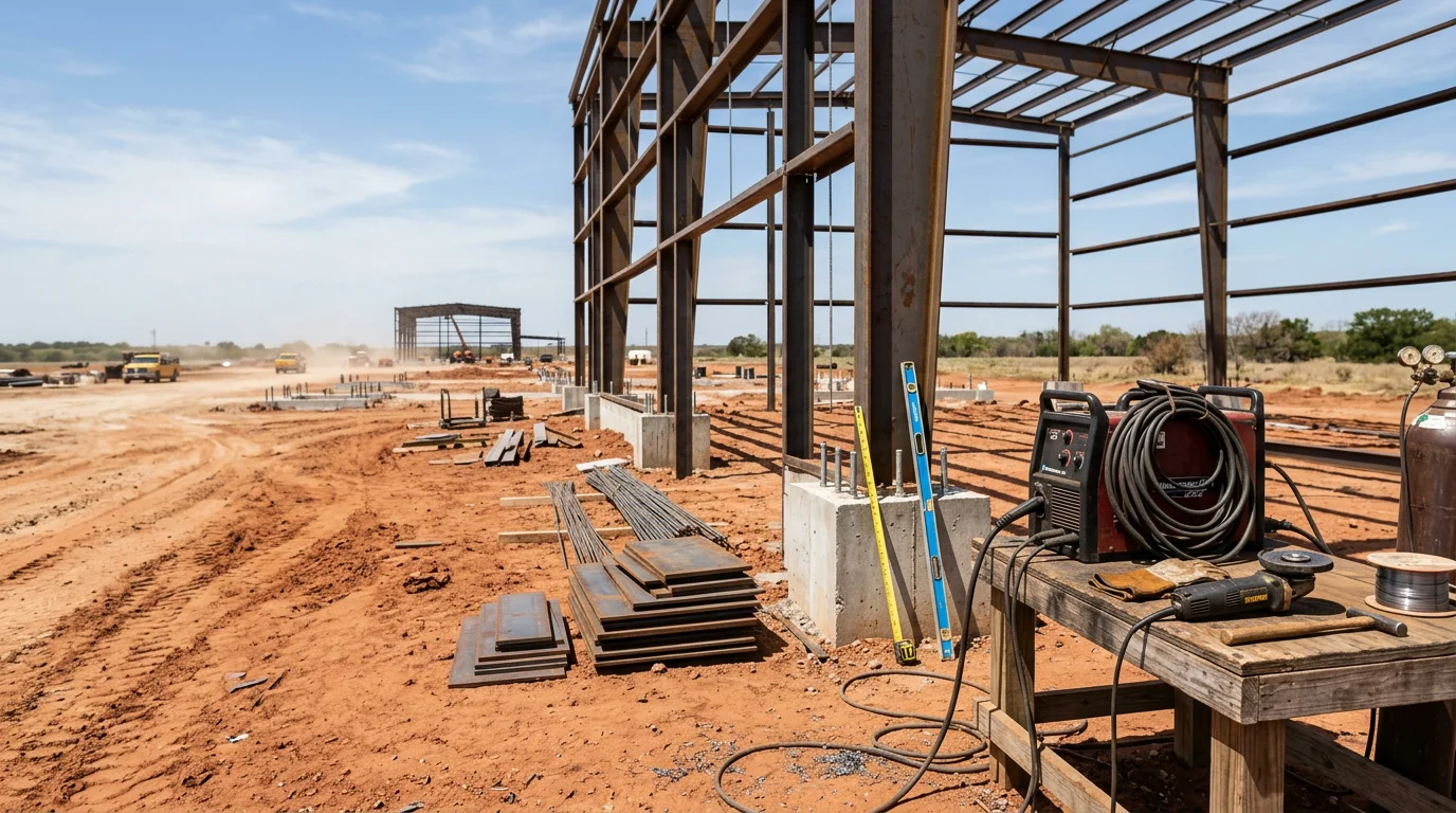 A completed steel building on a residential property in Midlothian, TX, with a wide roll-up door and metal roof panels under a clear Texas sky. The structure is sized for equipment storage on a rural lot in Ellis County.
