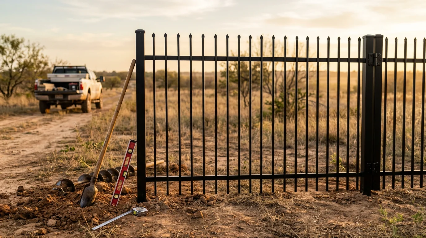 A black ornamental steel fence installed along the front yard of a residential property in Midlothian, TX. The fence features vertical steel pickets with pointed tops set against a clear North Texas sky.