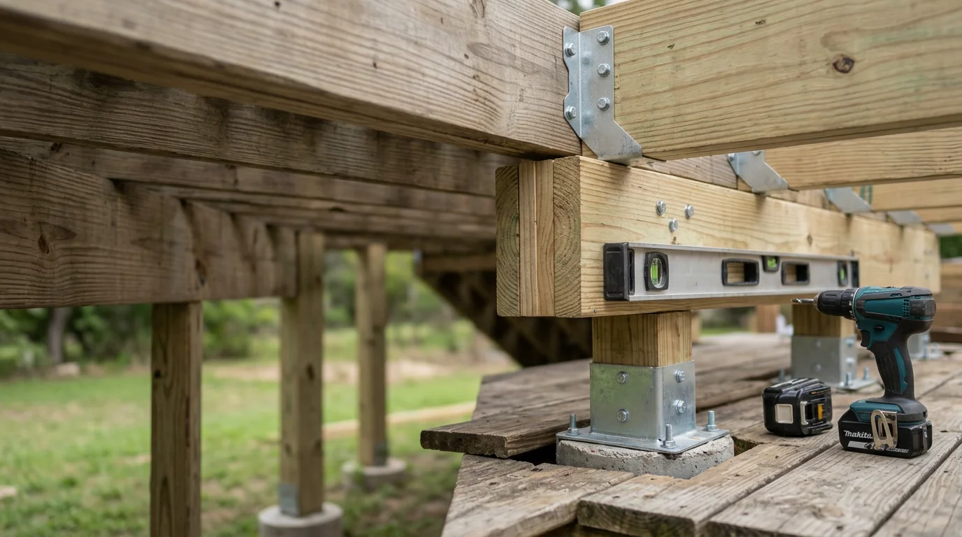 A reinforced deck frame in Midlothian, TX showing solid post connections, secure ledger board attachment, and level joists ready for decking boards. Close-up view of structural hardware and framing on a residential deck build by P&S Fencing and Decking.