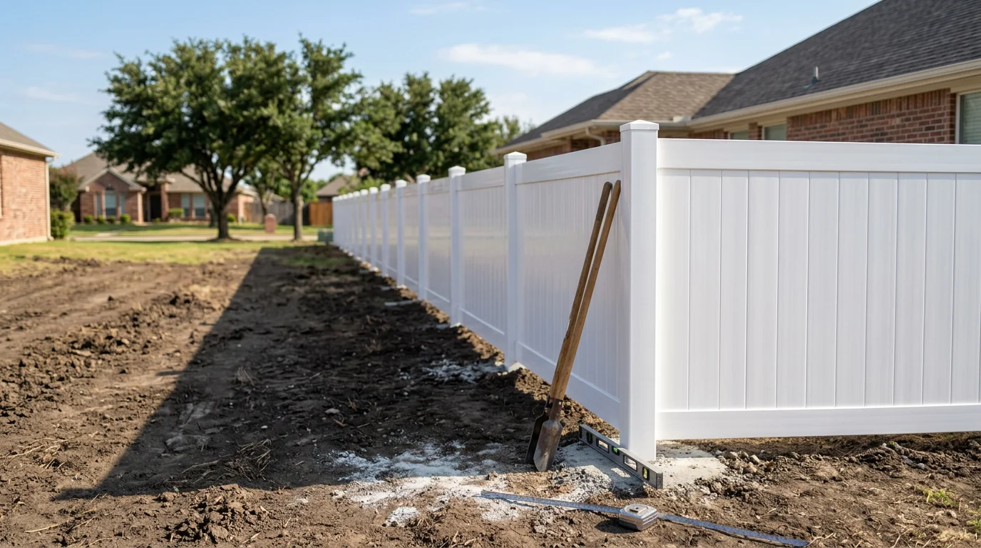A white vinyl privacy fence installed along the backyard boundary of a residential property in Midlothian, TX. The fence panels stand straight and evenly spaced against a clear Texas sky.