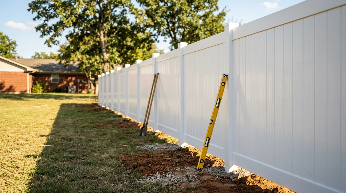 Newly installed white vinyl privacy fence along the backyard of a residential property in Midlothian, TX. The fence panels are clean and evenly set, with a matching gate visible on the side of the home.
