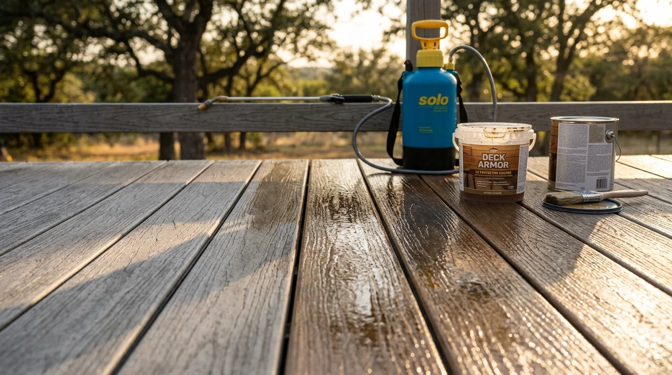 A freshly waterproofed wood deck on a residential property in Midlothian, TX, with a uniform sealed surface and clean board edges showing protection against moisture and sun exposure. The deck extends from the back of a suburban home with a clear sky overhead typical of North Texas summers.