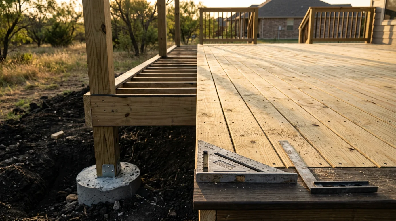 A freshly installed wood deck attached to the back of a brick home in Midlothian, TX, with clean board lines and a railed perimeter overlooking a residential backyard. The natural wood tones complement the home's exterior against a clear North Texas sky.