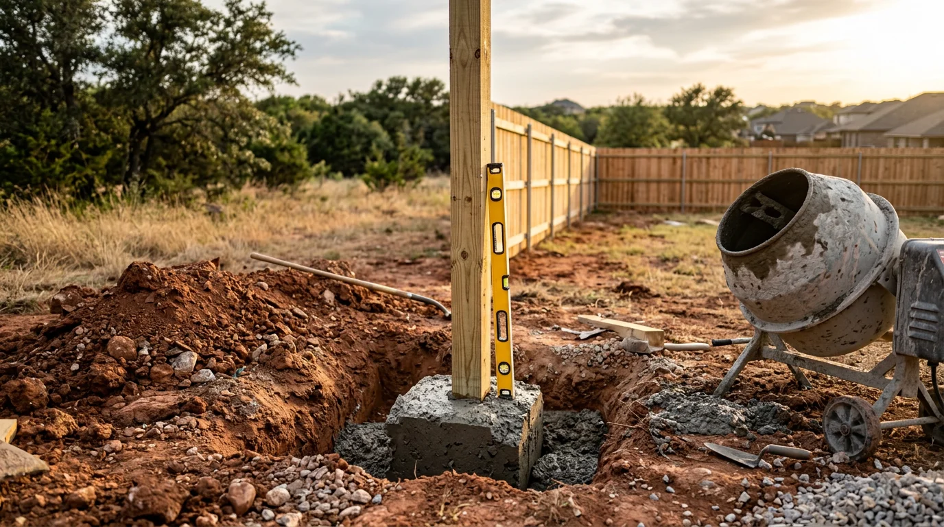 Newly installed wood privacy fence along the backyard perimeter of a single-family home in Midlothian, TX, with straight post lines and clean board spacing. The fence borders a residential lot typical of the growing Ellis County area.