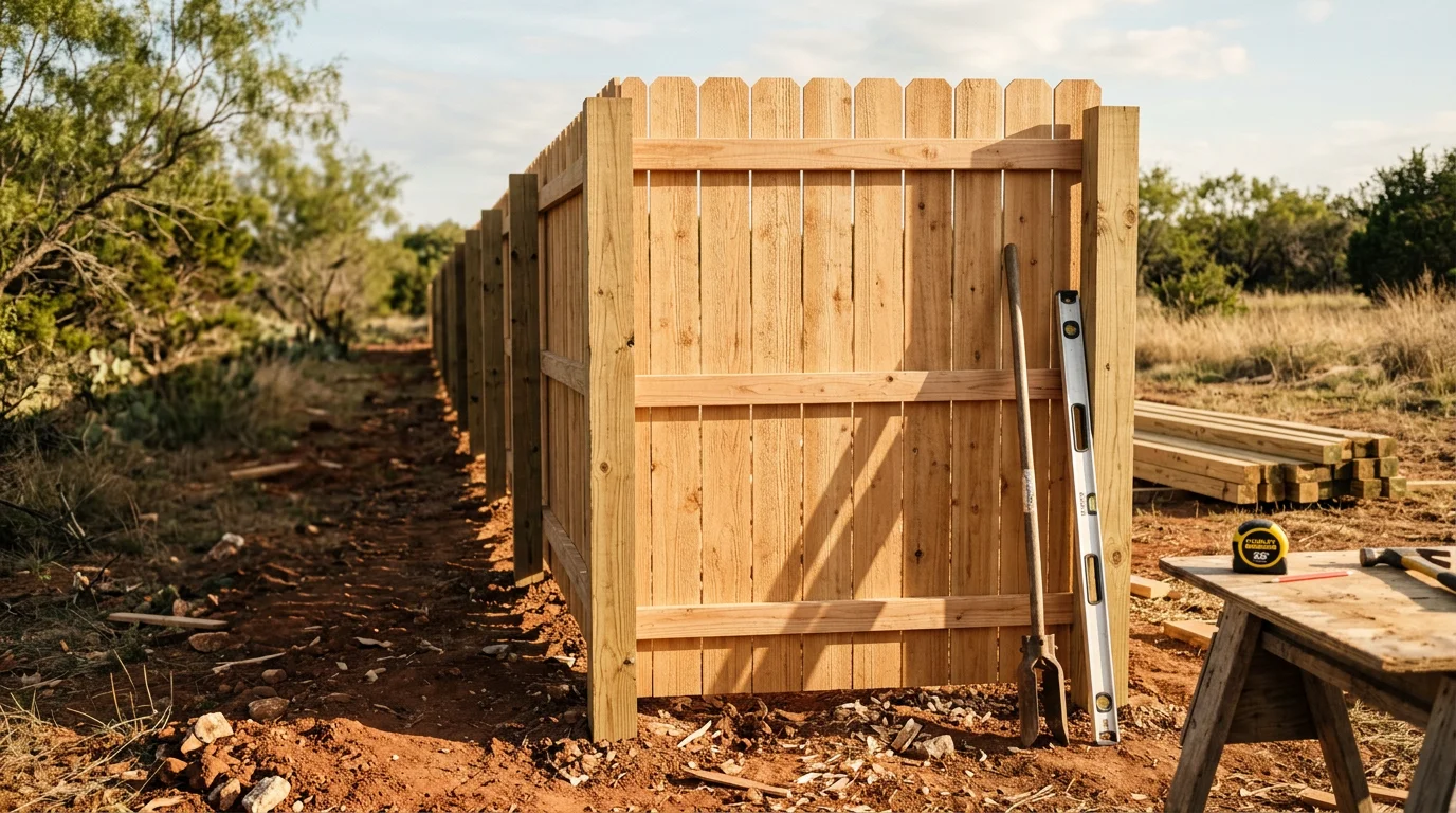 A finished board-on-board wood privacy fence installed in a residential backyard in Midlothian, TX, with straight posts set in concrete and uniform pickets running the full length of the property line. The natural wood tone contrasts with a green lawn typical of Ellis County neighborhoods.