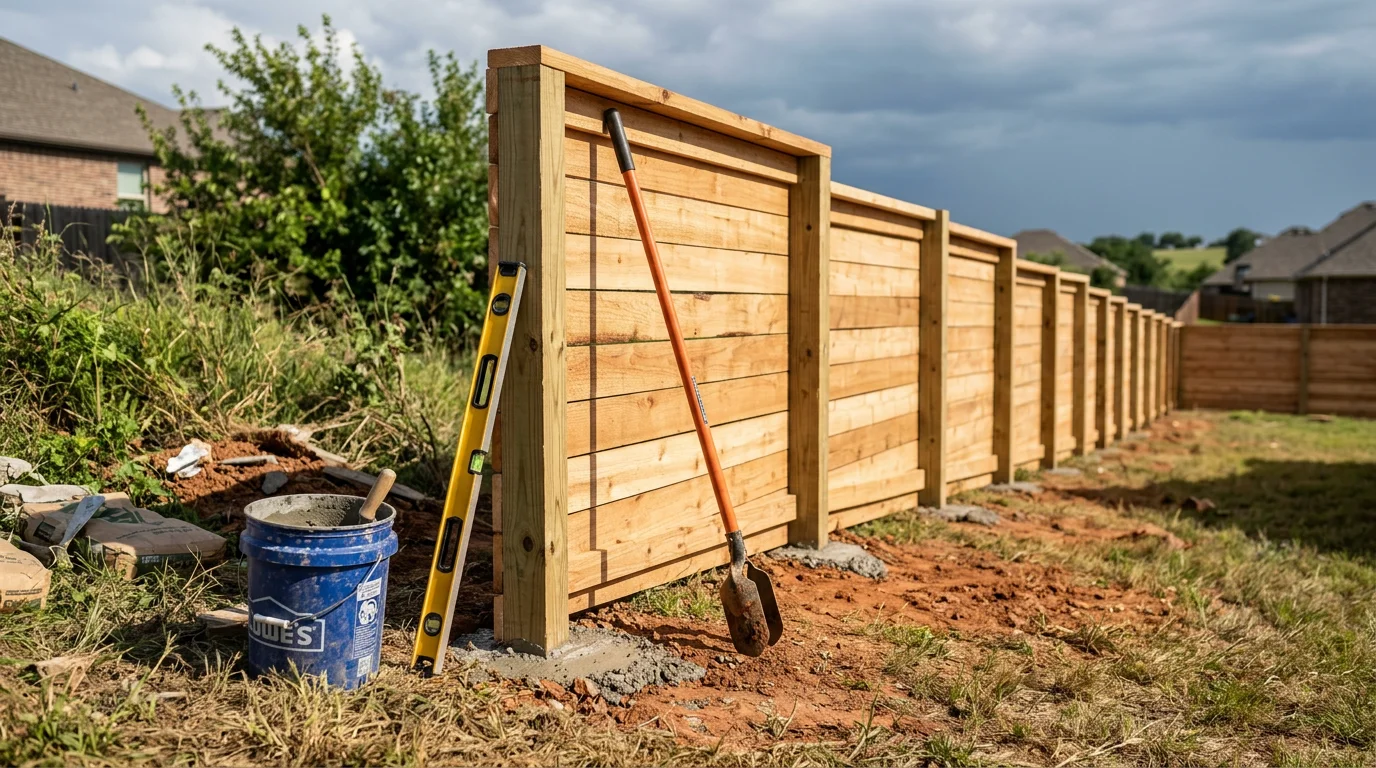 A newly installed wooden privacy fence running along the backyard of a residential property in Midlothian, TX. Straight fence boards and solid post construction visible against a clear North Texas sky.