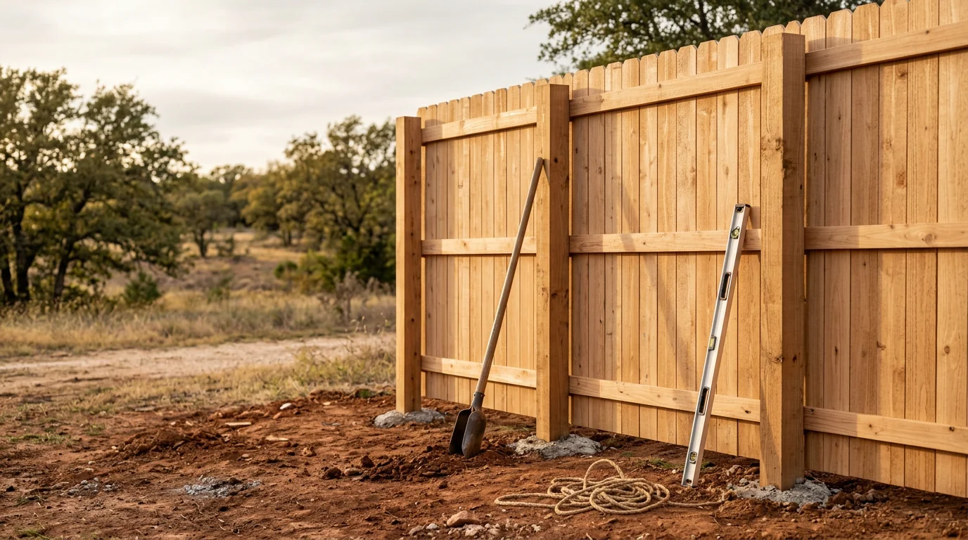A newly installed wooden privacy fence along the backyard of a residential property in Midlothian, TX. The fence shows evenly spaced boards and straight posts set in a flat North Texas yard.