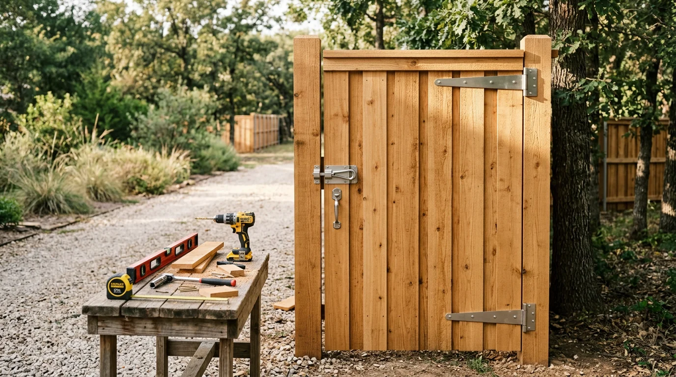 A custom wooden privacy gate installed at a residential property in Midlothian, TX, with matching board-on-board fence panels and heavy-duty metal hinges. The gate is closed and centered in the fence line, showing a clean, level fit between two solid wood posts.