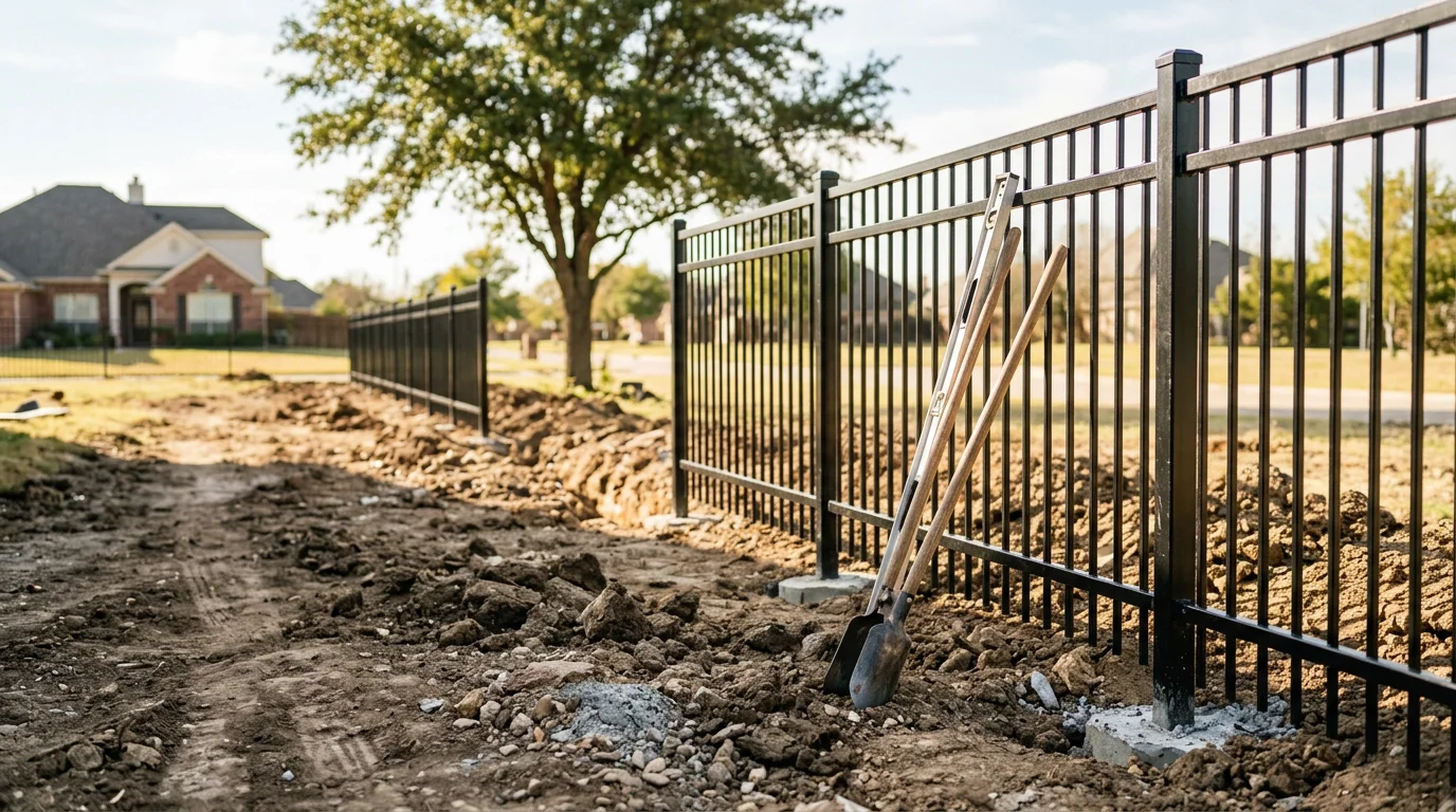 A completed wrought iron fence installation along the front yard of a residential property in Midlothian, TX, with evenly spaced iron panels and a matching entry gate. The fence runs parallel to the street against a clear Texas sky.