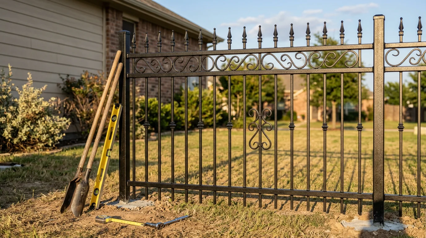 Newly installed black wrought iron fence along the front yard of a residential property in Midlothian, TX. The fence features vertical pickets with pointed tops and a matching swing gate at the driveway entry.